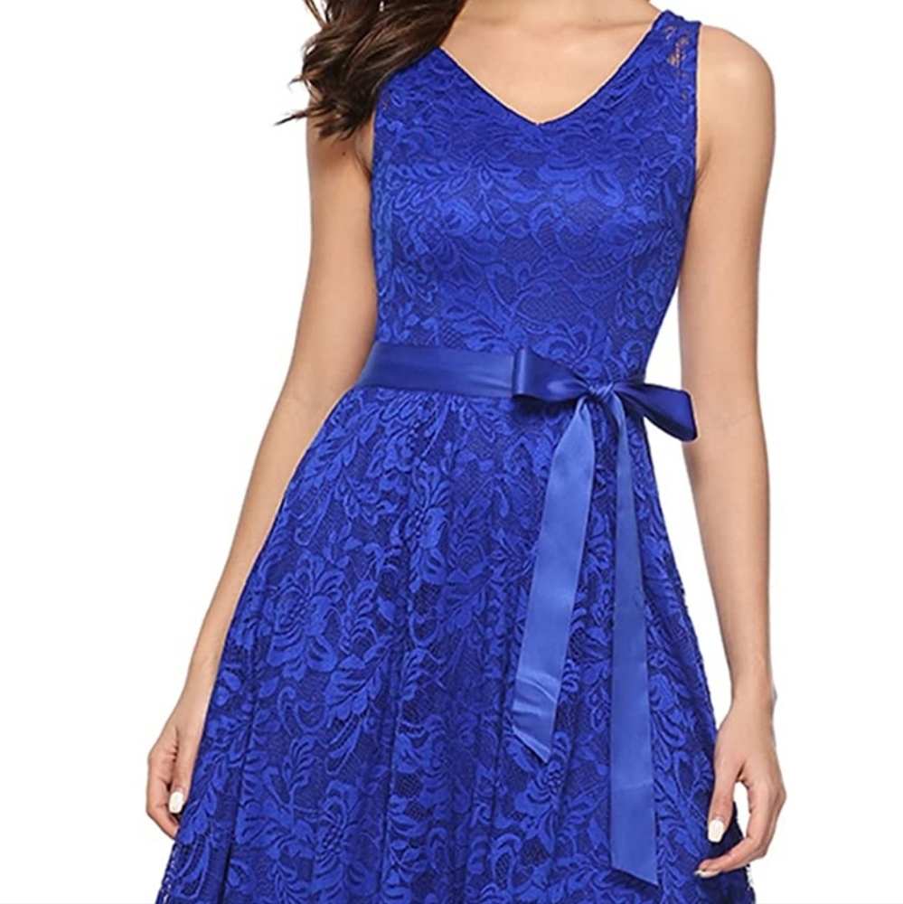 Women's Small Floral Lace Hi-Lo Dress V Neck Cocktail Formal Swing Dress Blue